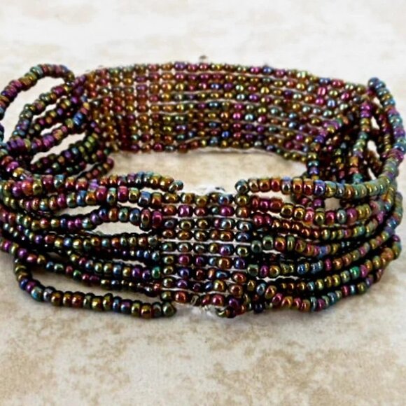 Rainbow Seed Bead Stretch Cuff Bracelet Boho Vintage - Picture 1 of 5